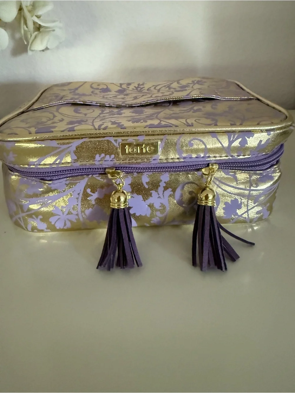 tarte Lip Gloss & Balm, blush and powder Set with Purple Tassel Cosmetic Bag